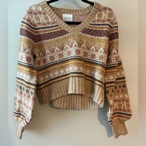 Pink Rose V-Neck Sweater with Tan and Cream Patterns